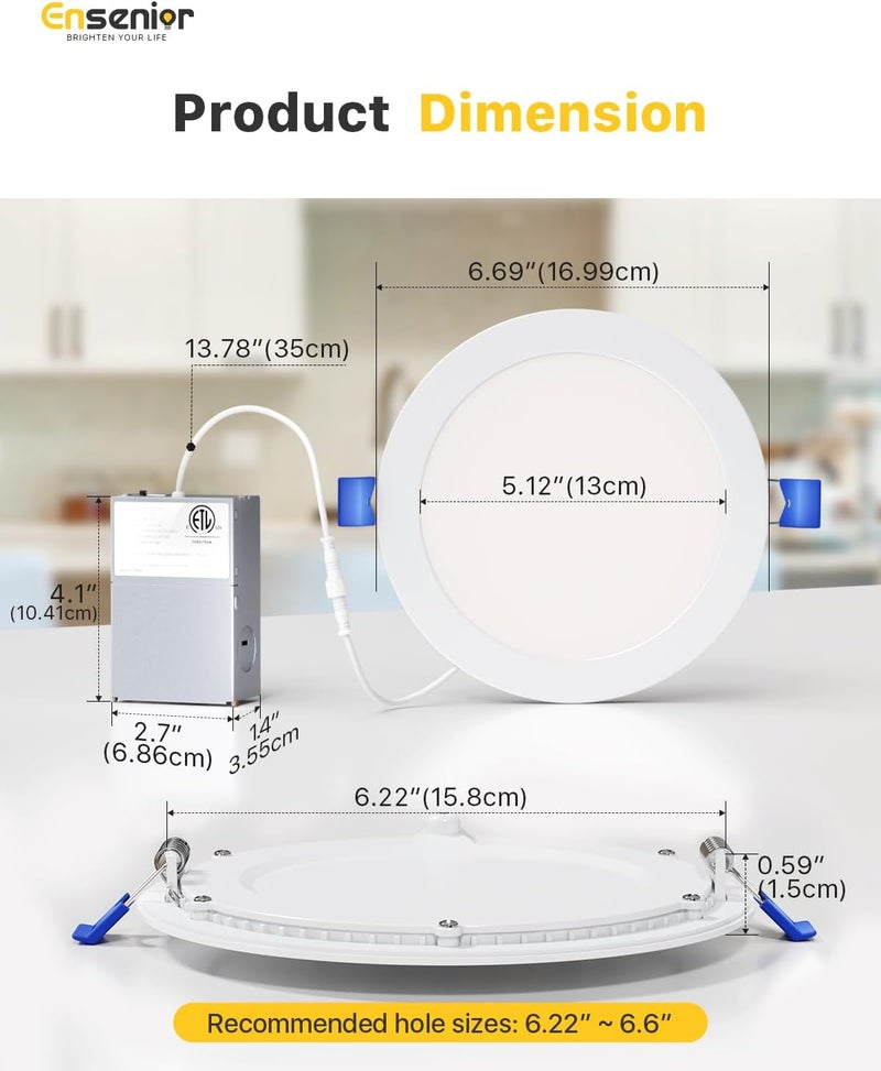 Ensenior 6 Pack 6 Inch LED Recessed Light, Dimmable, 2700K-5000K 5CCT, 1200LM High Brightness, 12W 120V, Damp Rated, ERL-12X-ETL, Ultra-Thin Canless Wafer Ceiling Light - ETL & FCC & IC - Image 5
