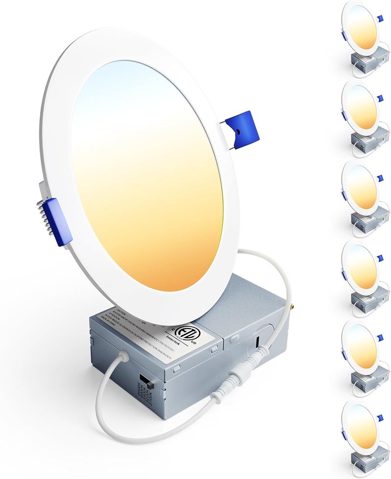 Ensenior 6 Pack 6 Inch LED Recessed Light, Dimmable, 2700K-5000K 5CCT, 1200LM High Brightness, 12W 120V, Damp Rated, ERL-12X-ETL, Ultra-Thin Canless Wafer Ceiling Light - ETL & FCC & IC - Image 1
