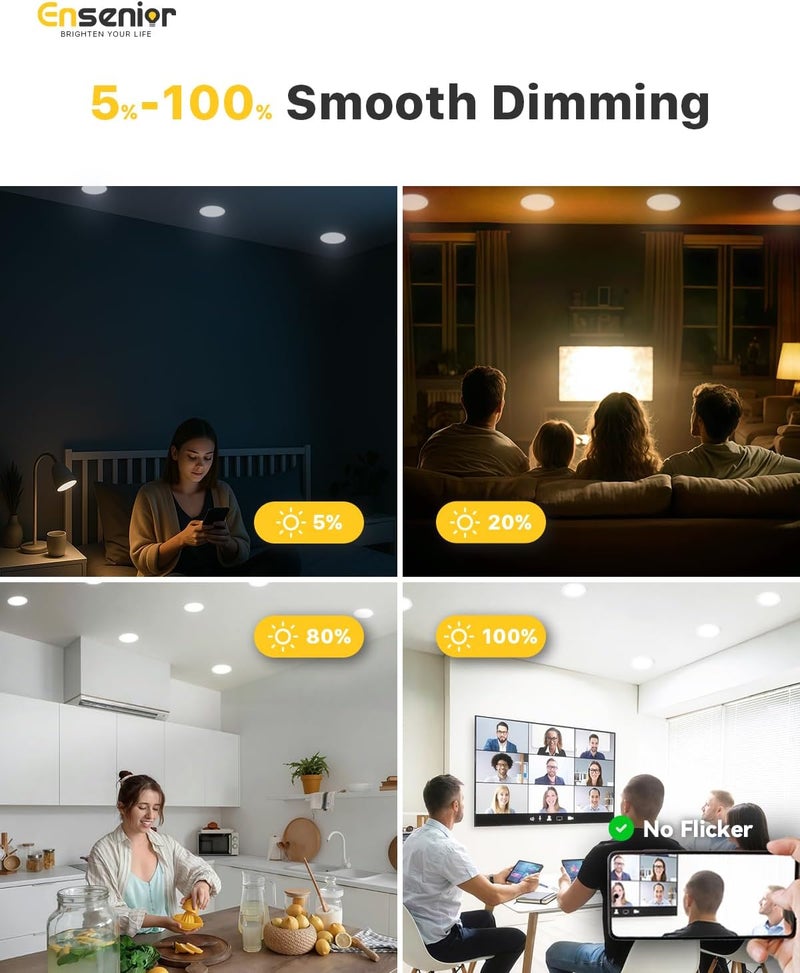 Ensenior 6 Pack 6 Inch LED Recessed Light, Dimmable, 2700K-5000K 5CCT, 1200LM High Brightness, 12W 120V, Damp Rated, ERL-12X-ETL, Ultra-Thin Canless Wafer Ceiling Light - ETL & FCC & IC - Image 4