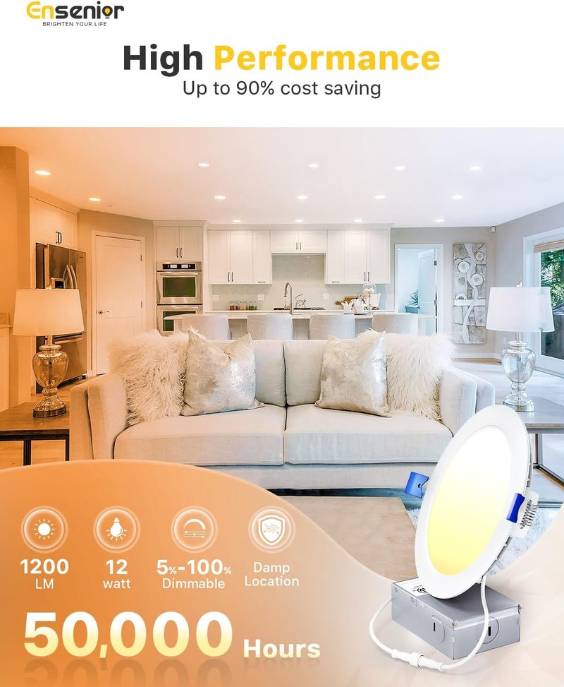 Ensenior 6 Pack 6 Inch LED Recessed Light, Dimmable, 2700K-5000K 5CCT, 1200LM High Brightness, 12W 120V, Damp Rated, ERL-12X-ETL, Ultra-Thin Canless Wafer Ceiling Light - ETL & FCC & IC - Image 2