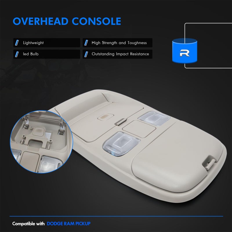 RHAOCZIYAUTO LED Overhead Console Assembly Fit for Dodge Ram 1500 2500 3500 1998-2002 Cab Interior Ceiling Dome Map Reading Light Lamp Map lights Replaces# SN96TL2AA, SN94TL2AA, L0021202, 5013609AA, 55350657, Tan - Image 3