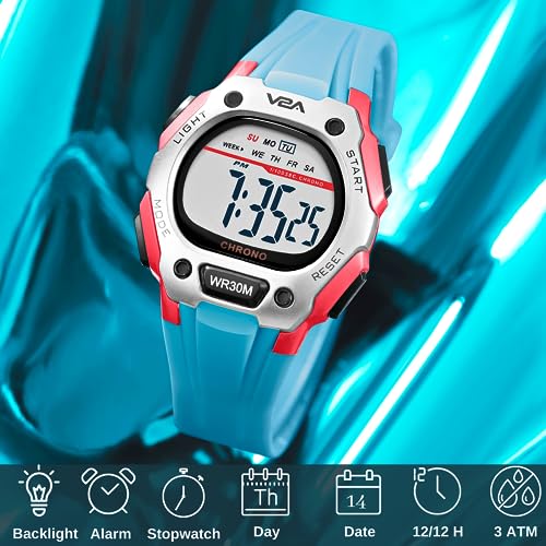 V2A Digital Watch for Boys Kids Between 4 to 14 Years of Age Resin Band Multi-Functional 30 M Waterproof Digital Sports Watches for Boys (Red Case and Blue Band) - Image 2