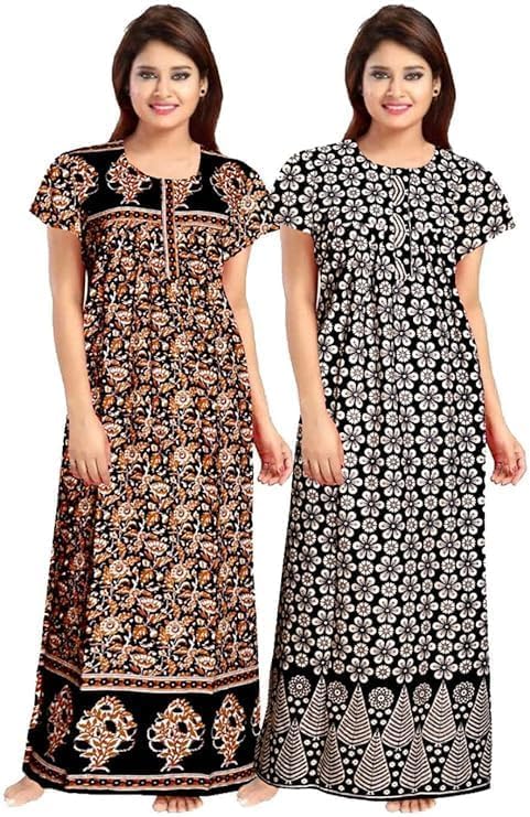 Vlazom Women’s Cotton Printed Maxi Nighty – Ankle Length Night Dress Gown, Pack of 2, Free Size – Soft & Breathable Sleepwear (Black&Black, Free Size) - Image 1