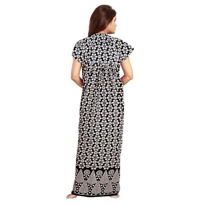 Vlazom Women’s Cotton Printed Maxi Nighty – Ankle Length Night Dress Gown, Pack of 2, Free Size – Soft & Breathable Sleepwear (Black&Black, Free Size) - Image 4