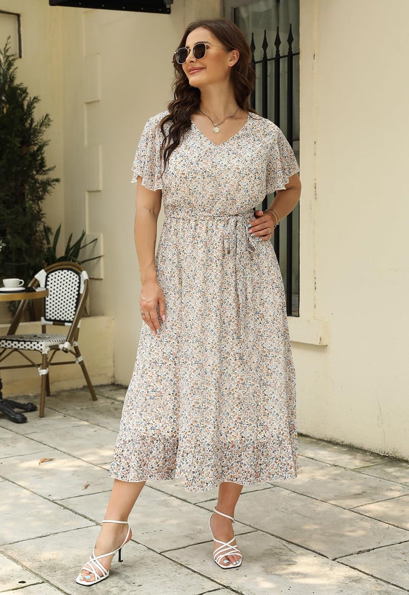 Nemidor Plus Size Women Casual Maxi Dresses Print Bobo Belted Layered Chiffon Summer Long Dress with Ruffle Sleeve(310,20,Apricot Print) - Image 4