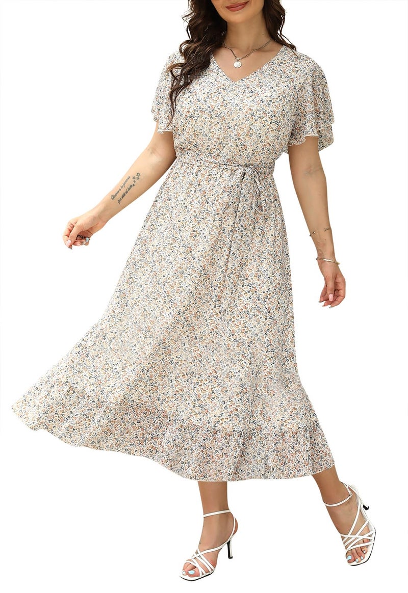 Nemidor Plus Size Women Casual Maxi Dresses Print Bobo Belted Layered Chiffon Summer Long Dress with Ruffle Sleeve(310,20,Apricot Print) - Image 1