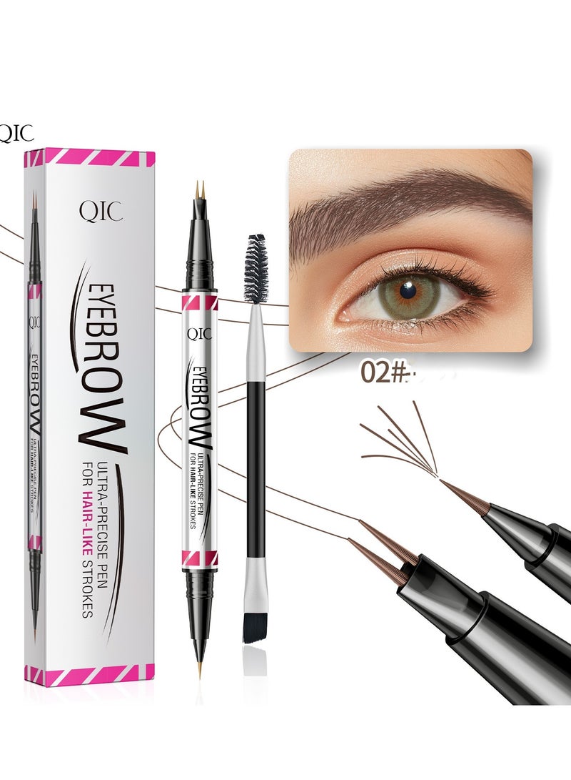 كيو اي سي قلم الحواجب ، قلم الحواجب 2 في 1 ثنائي الأطراف Microblading قلم الحواجب مع طرف شوكة دقيقة وفرشاة دقيقة تجعد الحواجب الطبيعية تشبه الشعر ، تدوم طوال اليوم (بني) - Image 1
