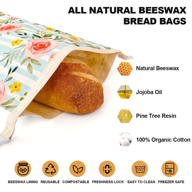 Augine Beeswax Bread Bag, 2 Pack Sourdough Bread Bags, Reusable Bread Bags for Homemade Bread, Organic Cotton Beeswax Sourdough Bags, Wildwood Bloom Series - Image 2
