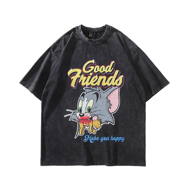 American Style Street Washed Antique Printed T-Shirt Oversize Heavy Cotton Vintage Retro Style - Image 1