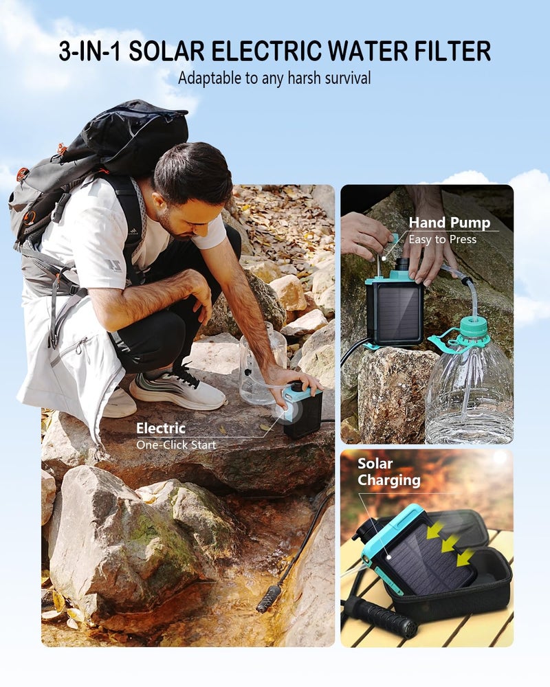 BKLES 3-in-1 Solar Electric Water Filter with Hand Pump - Portable Water Purifier for Camping and Emergency Use - Image 2