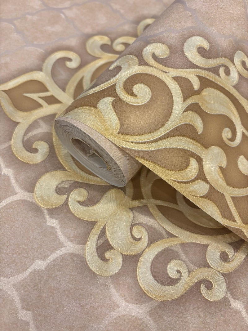 Eurotex PVC Wall Wallpaper Rolls Damask Design Textured Non Adhesive WallCoverings for Living Room, Bedroom Home Walls (57sqft, Beige Color, 37204 - Image 1