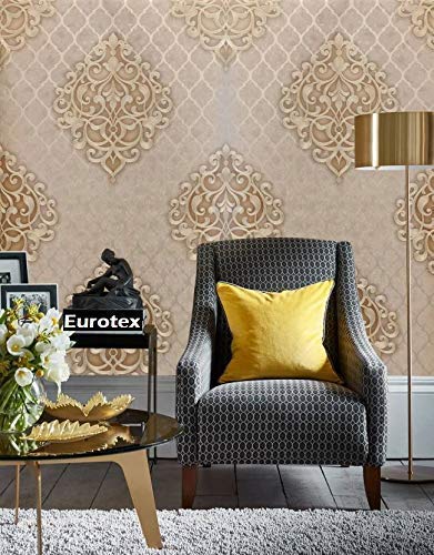 Eurotex PVC Wall Wallpaper Rolls Damask Design Textured Non Adhesive WallCoverings for Living Room, Bedroom Home Walls (57sqft, Beige Color, 37204 - Image 3