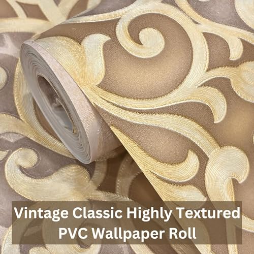 Eurotex PVC Wall Wallpaper Rolls Damask Design Textured Non Adhesive WallCoverings for Living Room, Bedroom Home Walls (57sqft, Beige Color, 37204 - Image 5