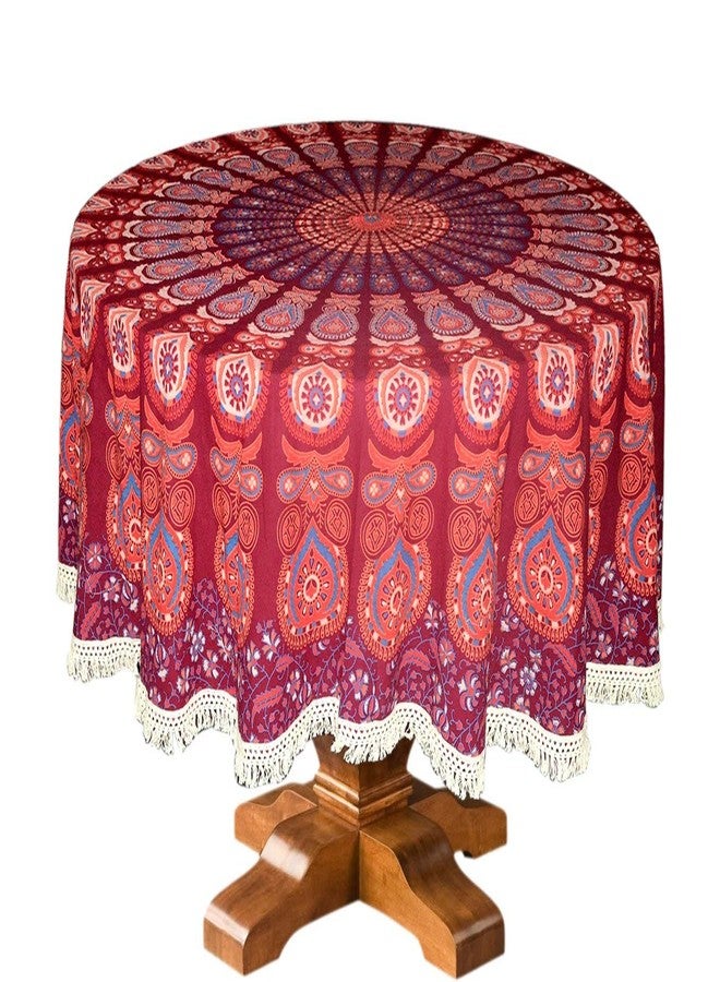 RHF 72 Inch Cotton Round Tablecloth for Dining Table | Printed Maroon Table Cover for 4/6 Seater with White Lace Border | Washable & Elegant Round Table Cover for Home & Kitchen - Image 4