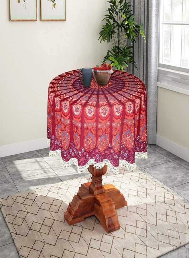 RHF 72 Inch Cotton Round Tablecloth for Dining Table | Printed Maroon Table Cover for 4/6 Seater with White Lace Border | Washable & Elegant Round Table Cover for Home & Kitchen - Image 1