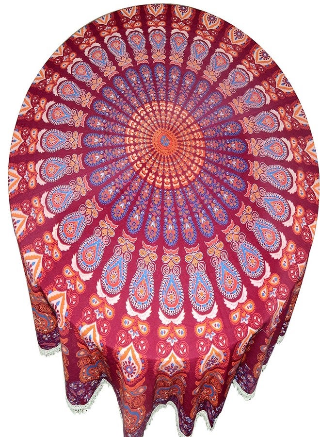 RHF 72 Inch Cotton Round Tablecloth for Dining Table | Printed Maroon Table Cover for 4/6 Seater with White Lace Border | Washable & Elegant Round Table Cover for Home & Kitchen - Image 3
