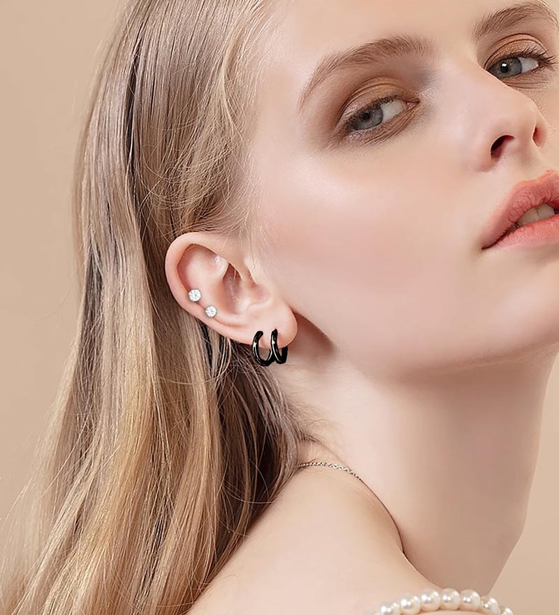 Cocadant Black Earrings for Women,Surgical Steel Flatback Stud Earrings,Titanium Steel Black Hoop Earrings,Black CZ Pearl Ball Opal - Image 2