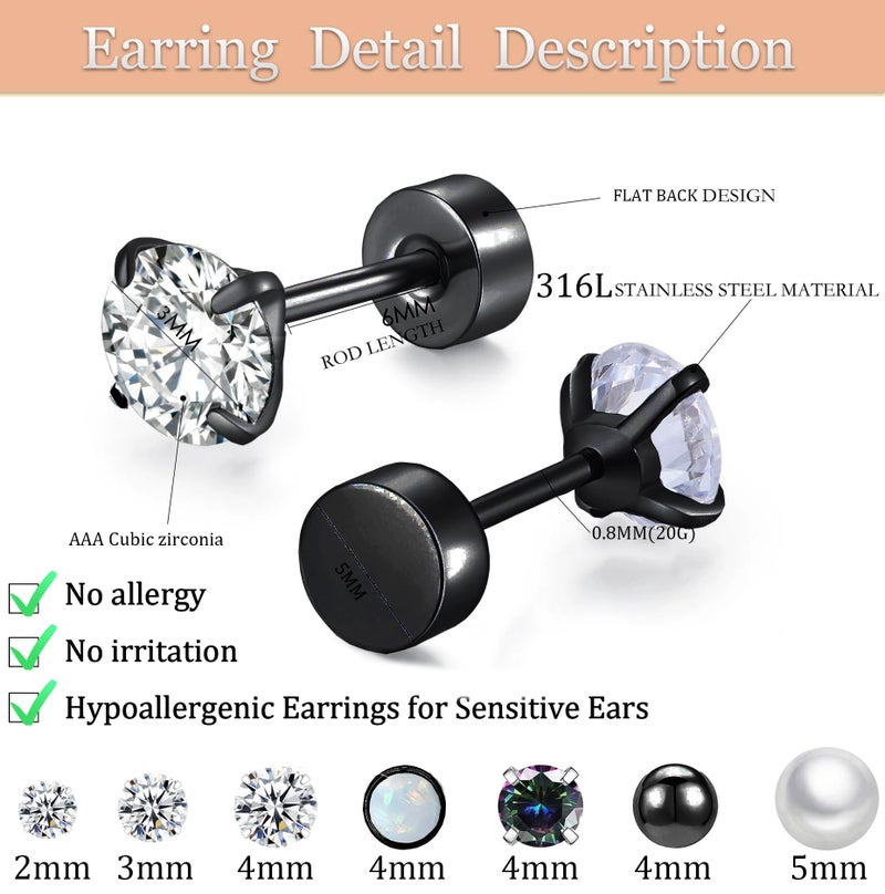 Cocadant Black Earrings for Women,Surgical Steel Flatback Stud Earrings,Titanium Steel Black Hoop Earrings,Black CZ Pearl Ball Opal - Image 5