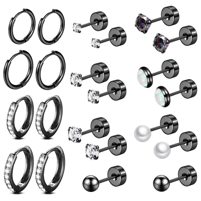 Cocadant Black Earrings for Women,Surgical Steel Flatback Stud Earrings,Titanium Steel Black Hoop Earrings,Black CZ Pearl Ball Opal - Image 1