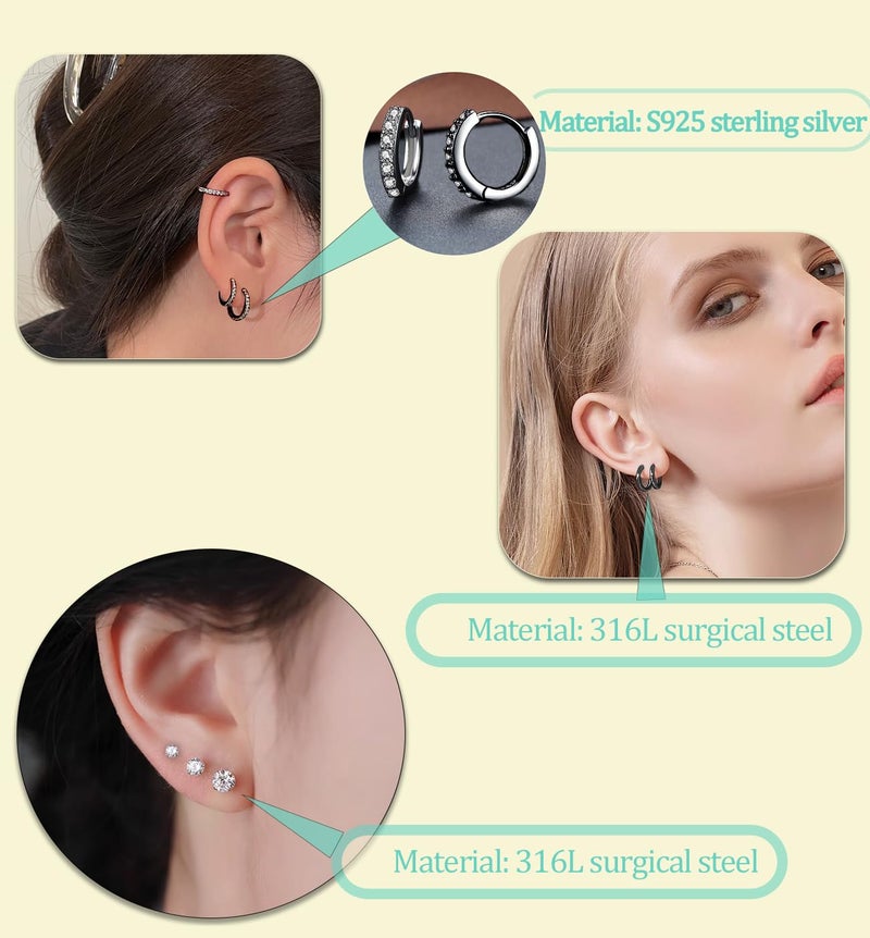 Cocadant Black Earrings for Women,Surgical Steel Flatback Stud Earrings,Titanium Steel Black Hoop Earrings,Black CZ Pearl Ball Opal - Image 3