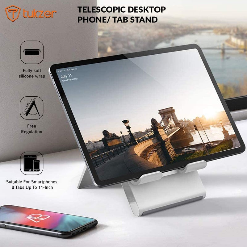 tuKZer Foldable Tablet & Mobile Stand Holder with Telescopic Height & Multi-Angle Adjustment| Anti-Slip Silicone Surface, Charging Slot| For Up to 12 Inch Screen iPad Tab, Smartphones, Kindle (Silver) - Image 3