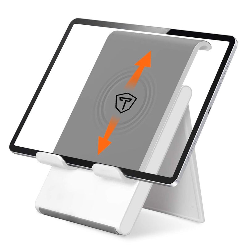 tuKZer Foldable Tablet & Mobile Stand Holder with Telescopic Height & Multi-Angle Adjustment| Anti-Slip Silicone Surface, Charging Slot| For Up to 12 Inch Screen iPad Tab, Smartphones, Kindle (Silver) - Image 1
