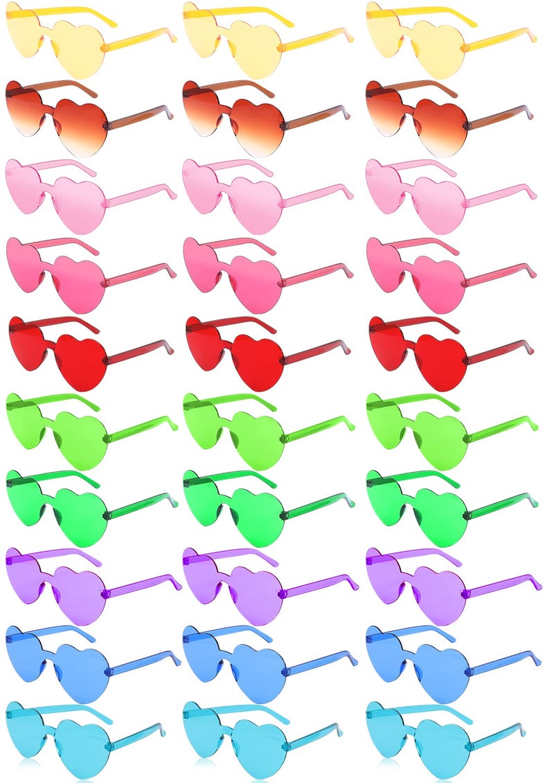 Loccmat 30 Pairs Heart Shaped Rimless Sunglasses,Candy Color Frameless Glasses,Transparent Heart Sunglasses for Women (10 Multicolor) - Image 1