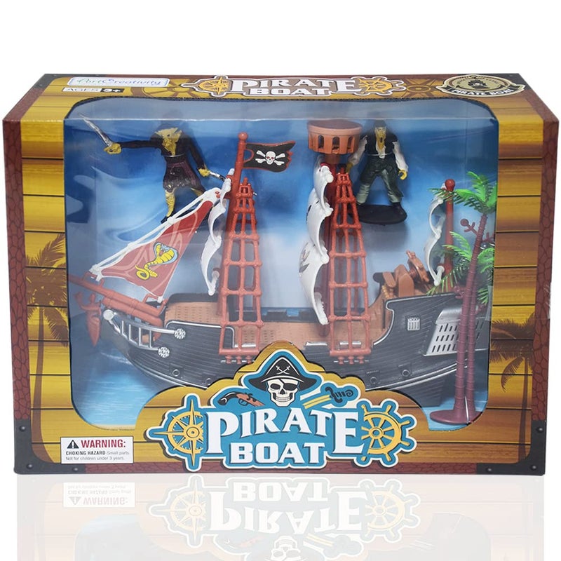 ArtCreativity 10 Inch Pirate Boat, Detailed Pirate Ship Toy Playset with 2 Pirate Action Figures & Tree, Fun Pirate Party Favor and Prize, Best Gift for Boys & Girls Ages 3+ - Image 2