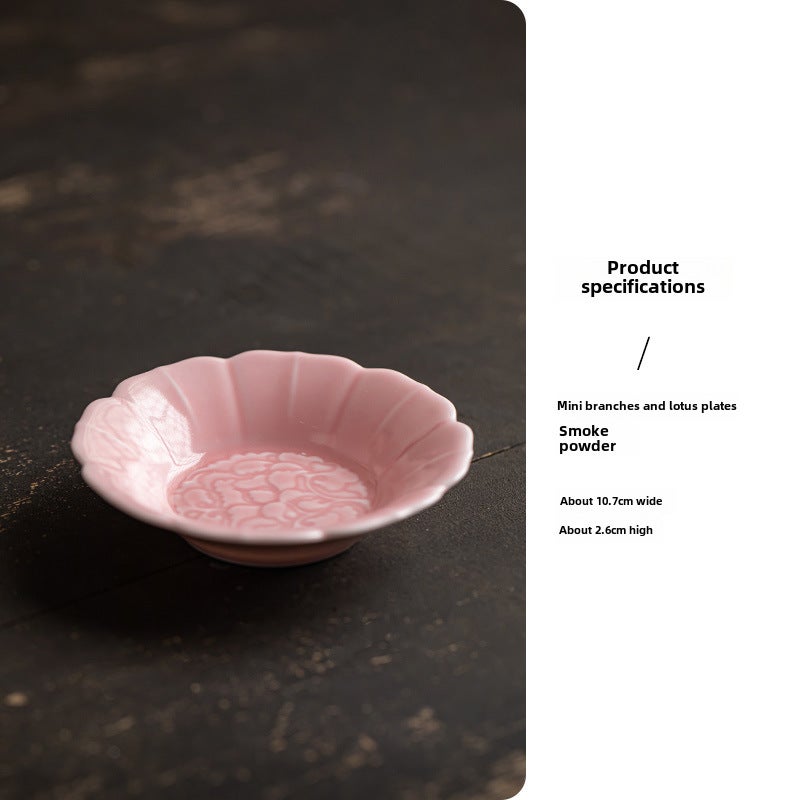 Ceramic Dessert Plate Snack Dish Retro Tea Coaster Mini Clinged Branch Lotus Small Dish-Smoke Powder 