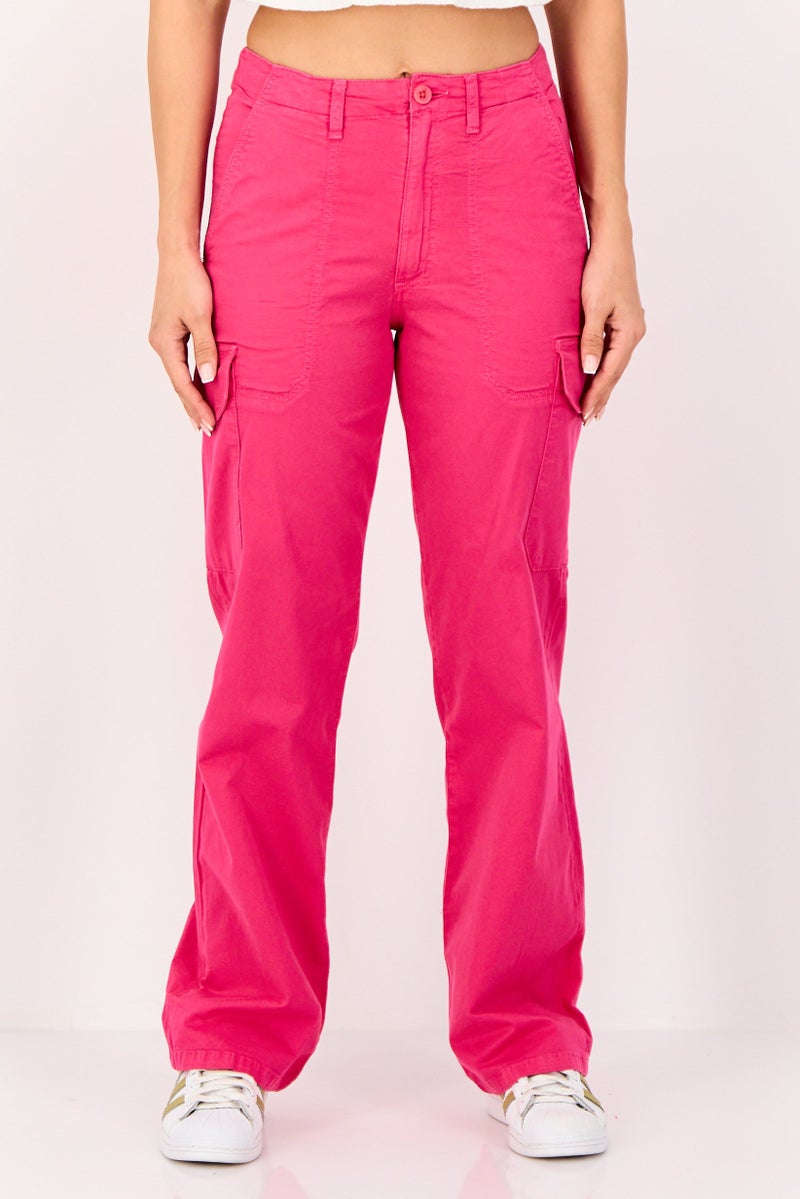 Reiko Women Regular Fit Solid Cargo Pants,  Neon Pink - Image 1