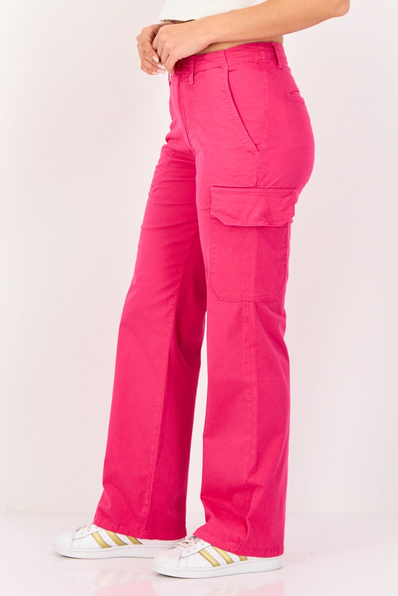 Reiko Women Regular Fit Solid Cargo Pants,  Neon Pink - Image 2