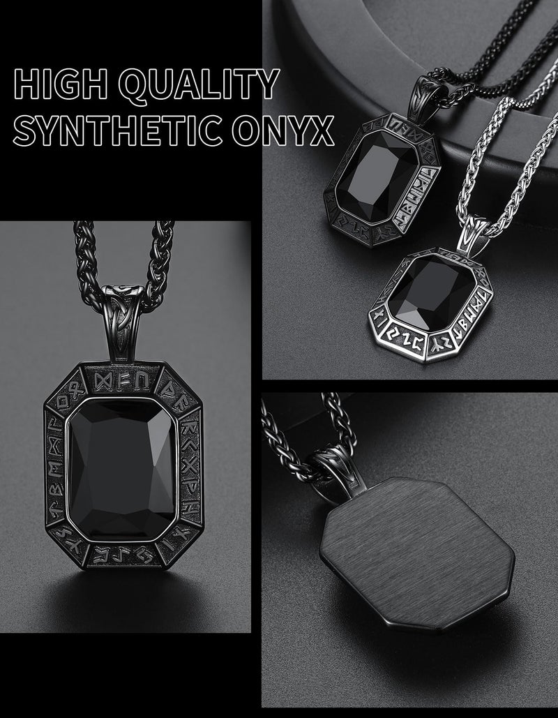 ChainsHouse Onyx Black Stone Necklace Viking Pendant Necklaces for Men Women Punk Jewelry with Norse Rune - Image 4