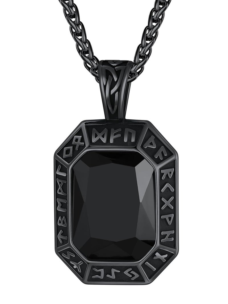 ChainsHouse Onyx Black Stone Necklace Viking Pendant Necklaces for Men Women Punk Jewelry with Norse Rune - Image 1