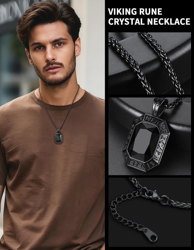 ChainsHouse Onyx Black Stone Necklace Viking Pendant Necklaces for Men Women Punk Jewelry with Norse Rune - Image 5