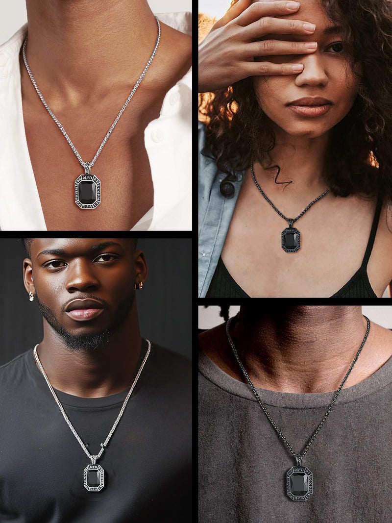 ChainsHouse Onyx Black Stone Necklace Viking Pendant Necklaces for Men Women Punk Jewelry with Norse Rune - Image 3