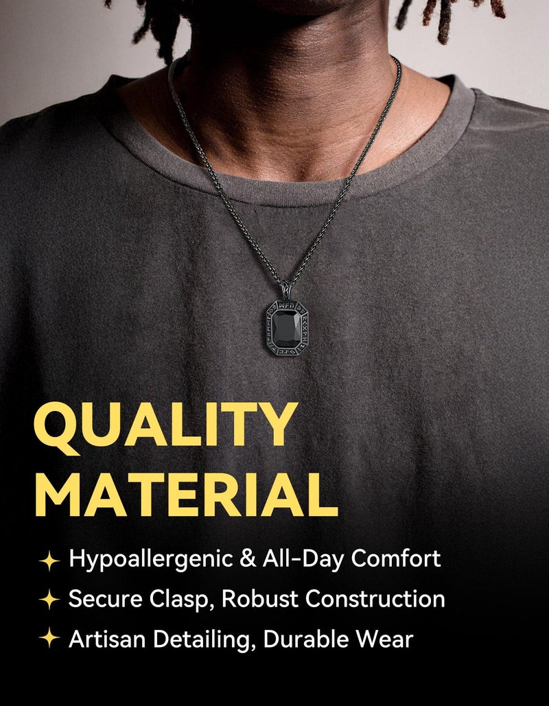 ChainsHouse Onyx Black Stone Necklace Viking Pendant Necklaces for Men Women Punk Jewelry with Norse Rune - Image 2