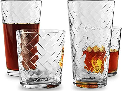 Circleware Chevron Huge Glassware Highball Tumbler Drinking Glasses and Whiskey Cups for Water Beer Juice Ice Tea Beverages 12 Piece Set Clear