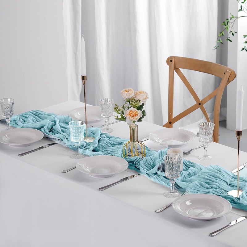 flohar 12 Pack Cheesecloth Table Runner 9ft,17 x 108 inch Gauze Table Runner Rustic Romantic Wedding Runner for Wedding Bridal Shower Fall Decoration,Light Blue - Image 1