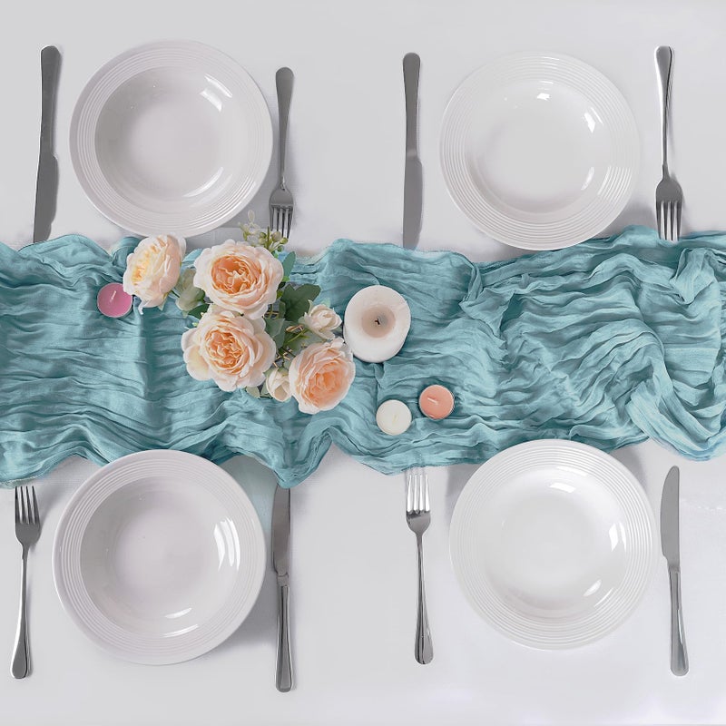 flohar 12 Pack Cheesecloth Table Runner 9ft,17 x 108 inch Gauze Table Runner Rustic Romantic Wedding Runner for Wedding Bridal Shower Fall Decoration,Light Blue - Image 2