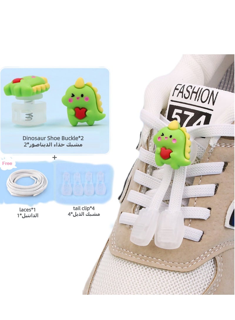 إسكدنيا طقم مشبك حذاء كرتوني لطيف بدون أربطة ربط 1 زوج طقم （مشبك حذاء ديناصور أخضر*2 ＋ أربطة حذاء مجانية*1 ＋ مشابك ذيل*4） للنساء والأطفال/الأولاد/الفتيات - Image 1