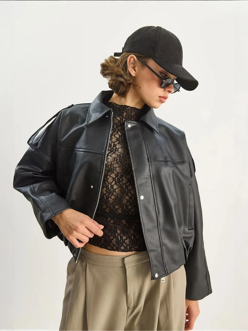 Bianco Lucci LUCCI Oversized Faux Leather Crop Jacket with Zipper