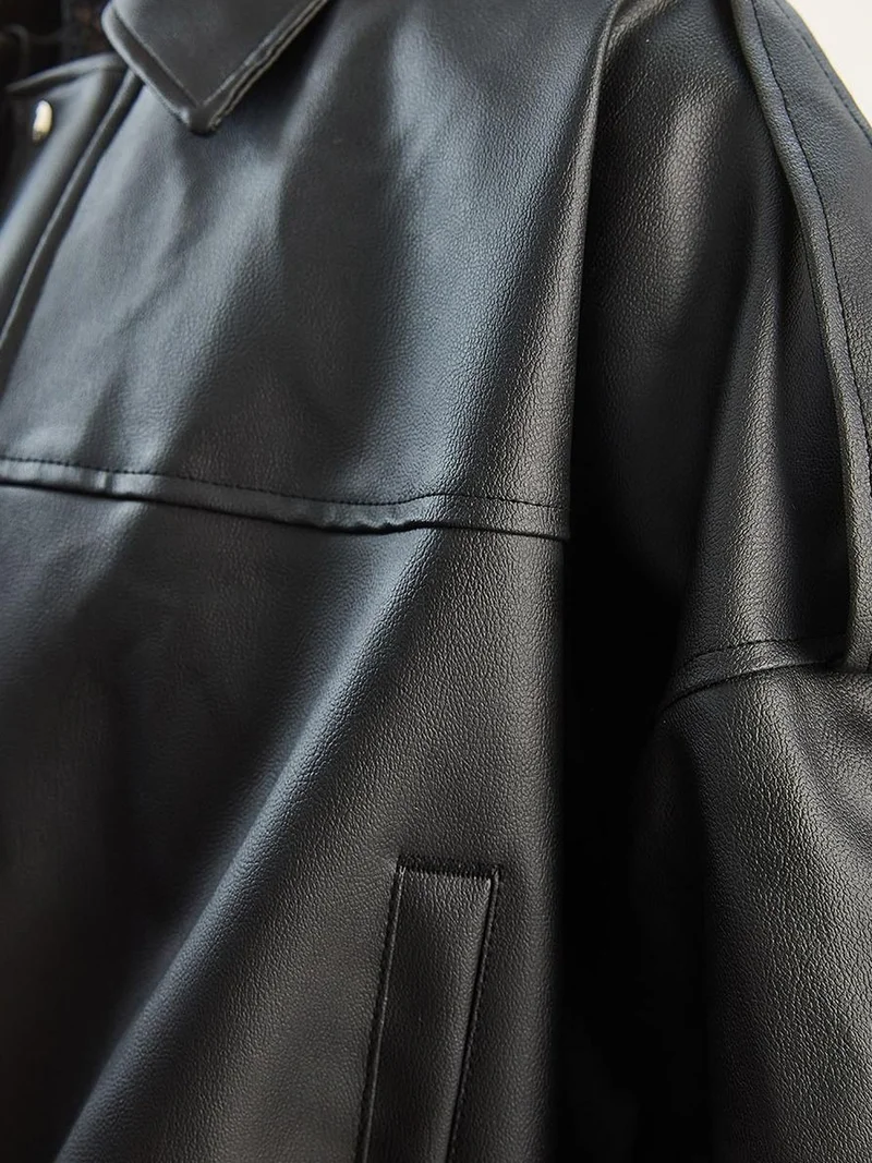 Bianco Lucci Black LUCCI Oversized Faux Leather Crop Jacket with Zipper for Women | Best Price UAE