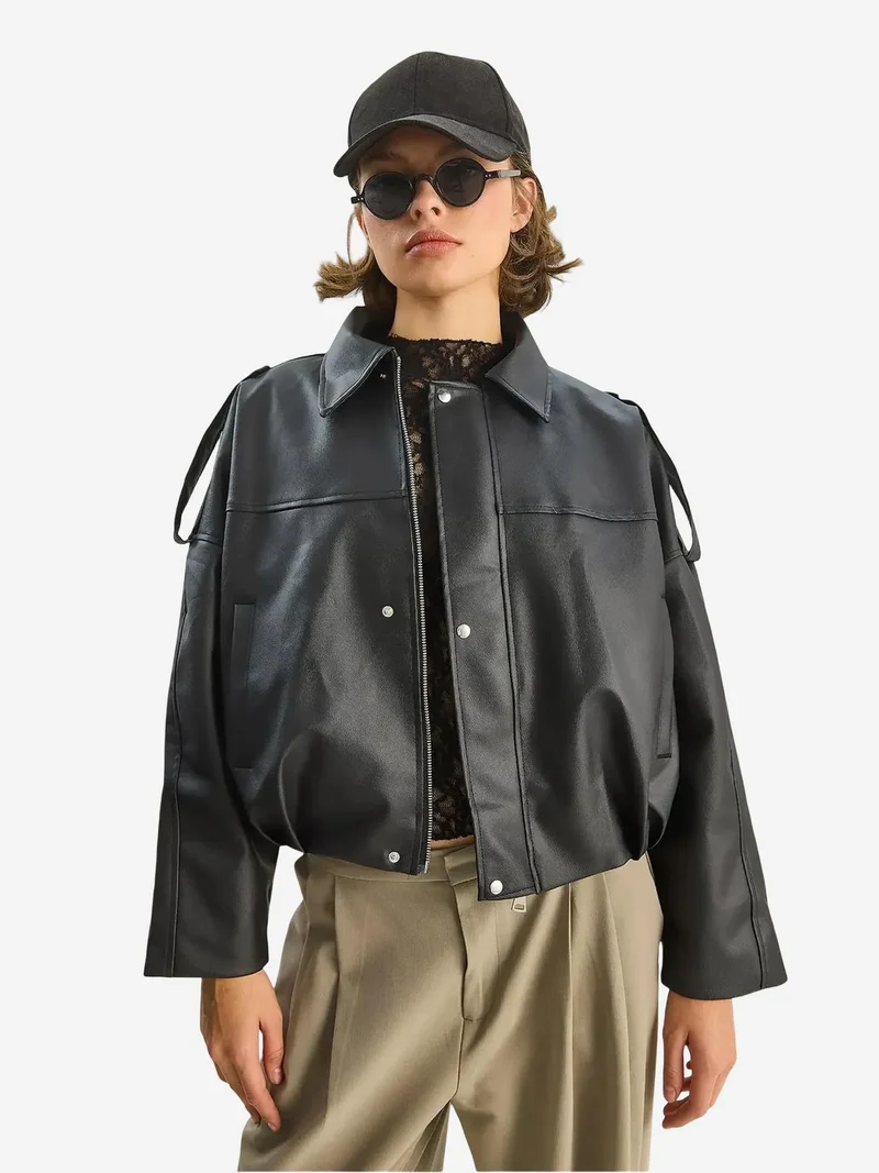 Bianco Lucci Black LUCCI Oversized Faux Leather Crop Jacket with Zipper for Women | Best Price UAE