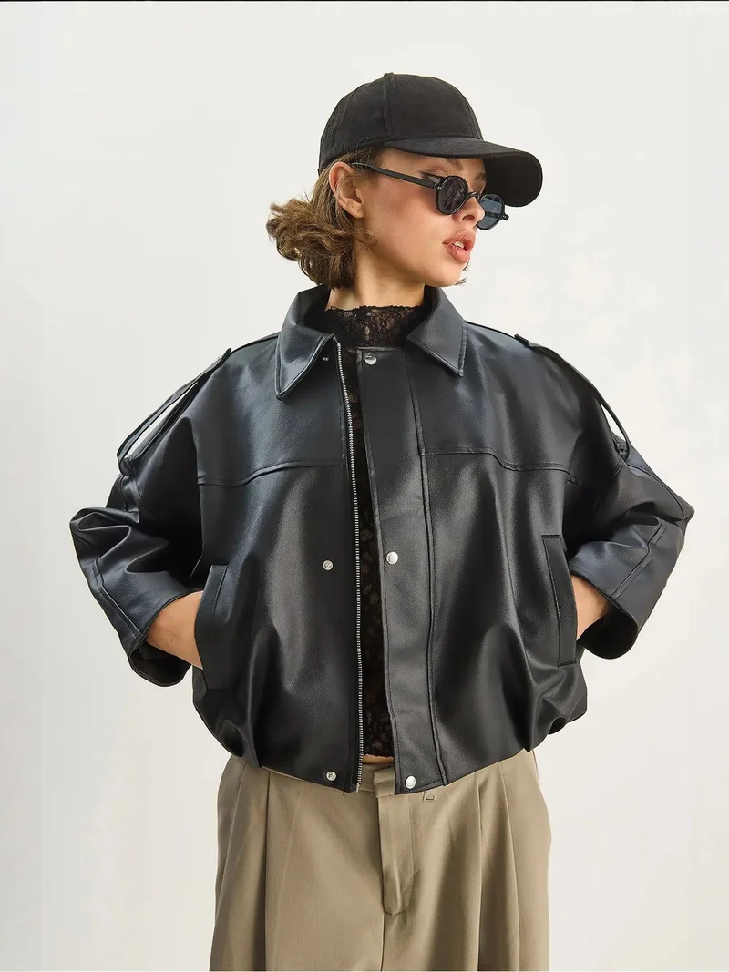 Bianco Lucci Black LUCCI Oversized Faux Leather Crop Jacket with Zipper for Women | Best Price UAE