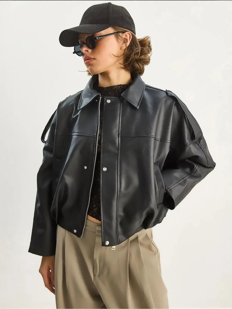 Bianco Lucci LUCCI Oversized Faux Leather Crop Jacket with Zipper