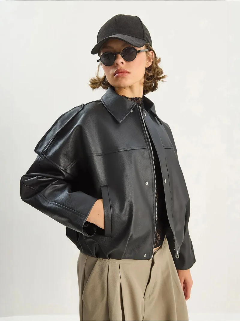 Bianco Lucci Black LUCCI Oversized Faux Leather Crop Jacket with Zipper for Women | Best Price UAE