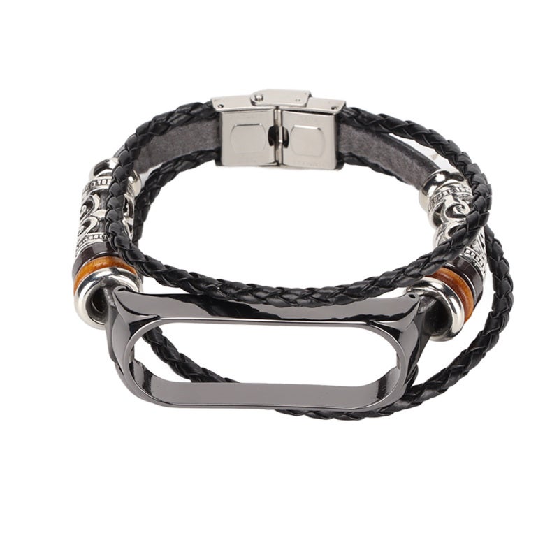 Leather Watch Strap: Black Retro Alloy Beaded - Skin Friendly Comfortable Smartwatch Leather Band for Xiaomi Mi Band 5, Mi Band 6 NFC Smartwatch, Daily & Stylish Occasions - Image 2