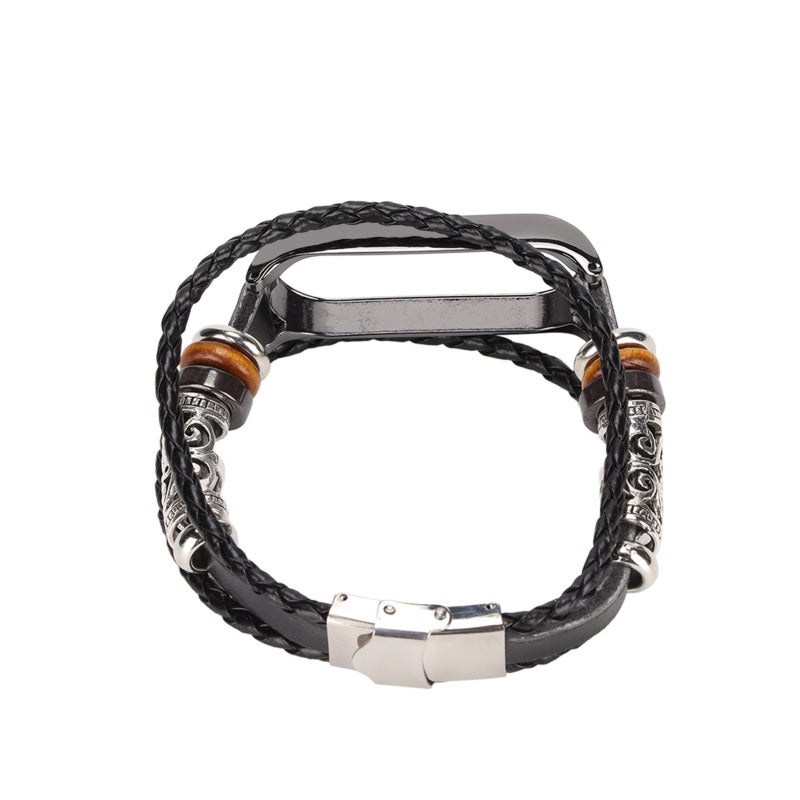 Leather Watch Strap: Black Retro Alloy Beaded - Skin Friendly Comfortable Smartwatch Leather Band for Xiaomi Mi Band 5, Mi Band 6 NFC Smartwatch, Daily & Stylish Occasions - Image 4
