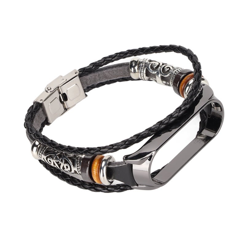 Leather Watch Strap: Black Retro Alloy Beaded - Skin Friendly Comfortable Smartwatch Leather Band for Xiaomi Mi Band 5, Mi Band 6 NFC Smartwatch, Daily & Stylish Occasions - Image 3