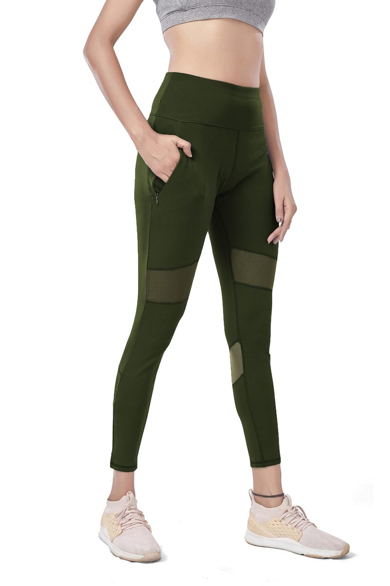 Mehrang Active Yoga Pants for Women Gym High Waist with Pocket, Tummy Control, Workout Pants 4 Way Stretch Yoga Leggings (L, Olive) - Image 1